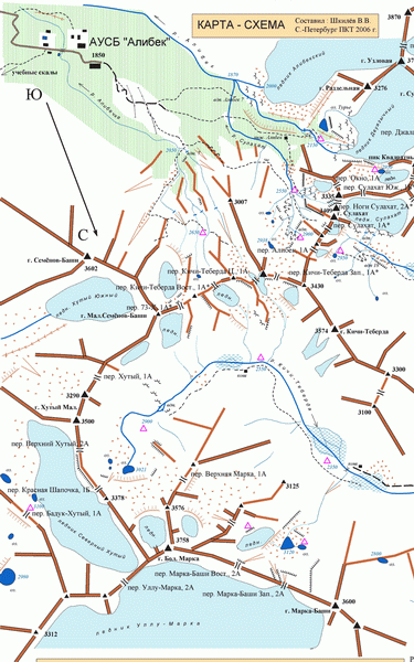 Карта 1. Схема района Кичи-Теберда по В. Шкилёву